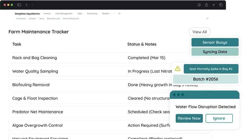 dashboard screen showcasing farm maintenance management activities