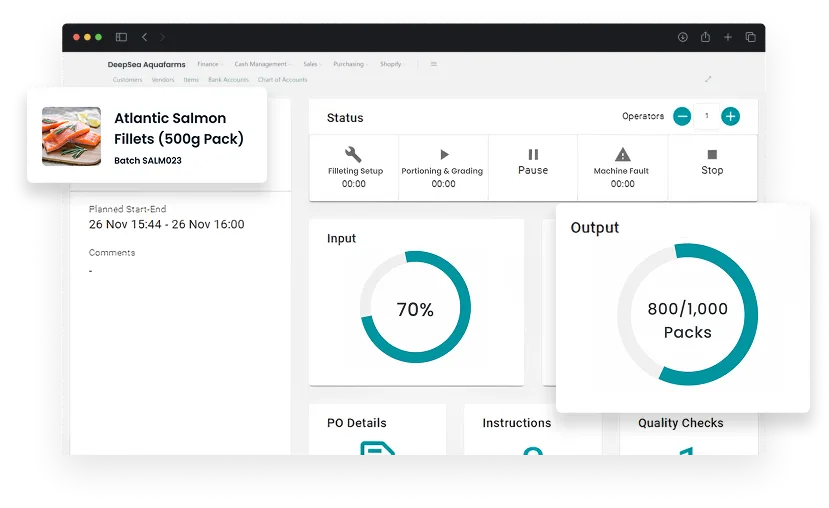 dashboard screen showcasing aquaculture processing activities