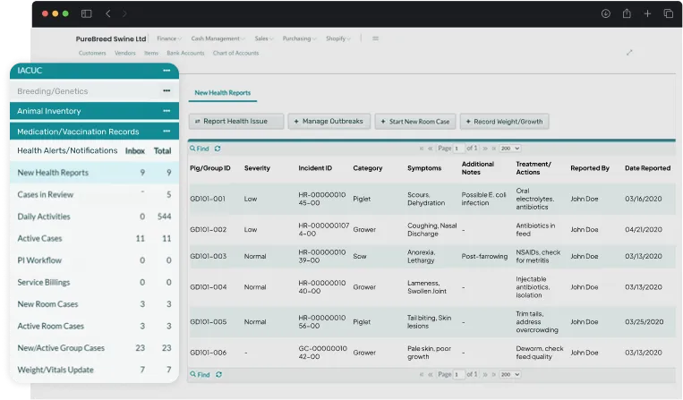 screen showcasing swine health management activities