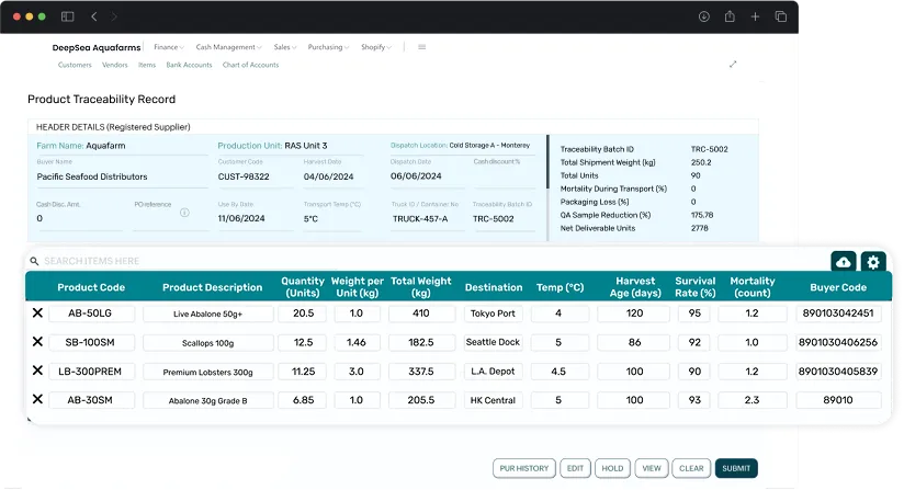 dashboard screen showcasing traceability management activities