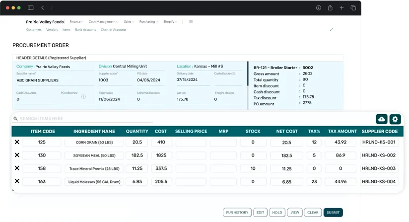 dashboard screen of procurement & sourcing