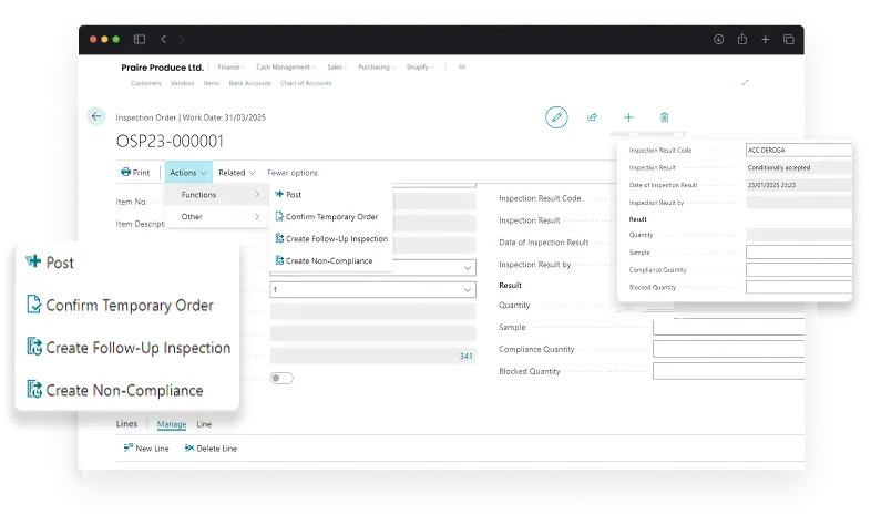 dashboard screen for activities in quality and food safety
