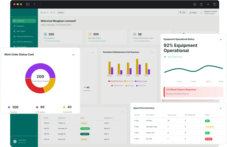 dashborad screen showcasing farm equipment maintenance activities