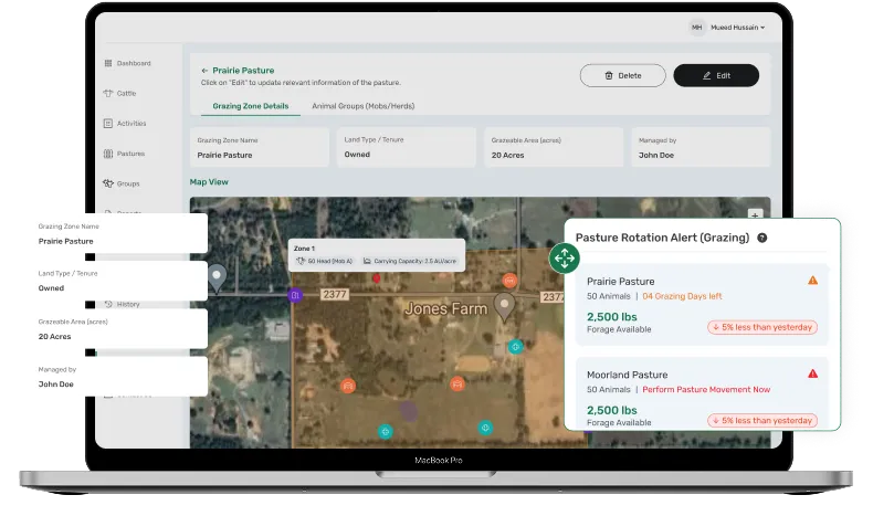 Dashboard screen showcasing livestock grazing software